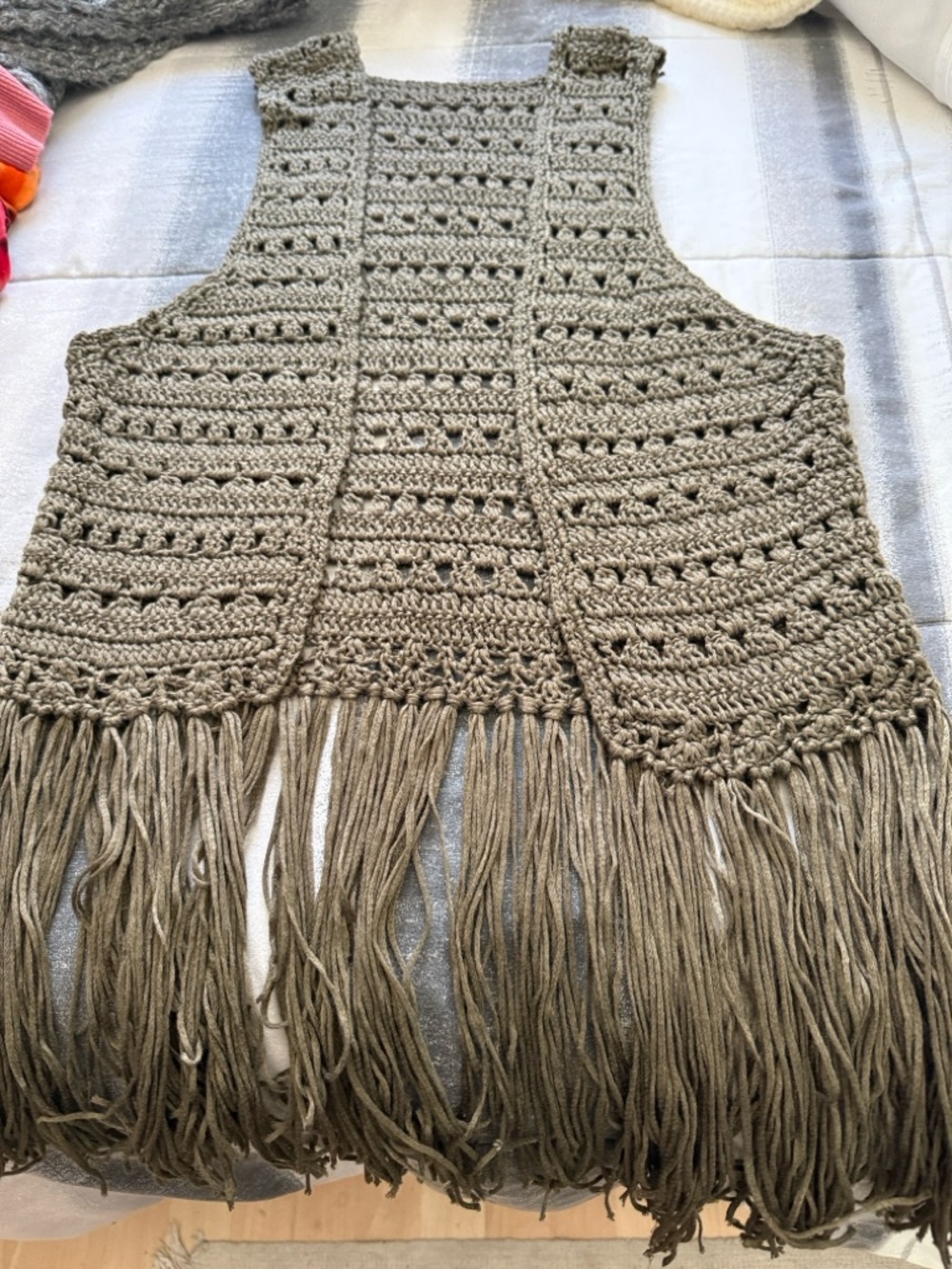 Hand-Crocheted Fringe Vest in Taupe